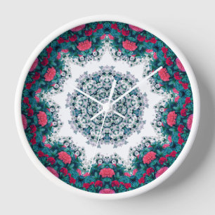Garden Water Fountain Red Flowers Mandala Design Clock