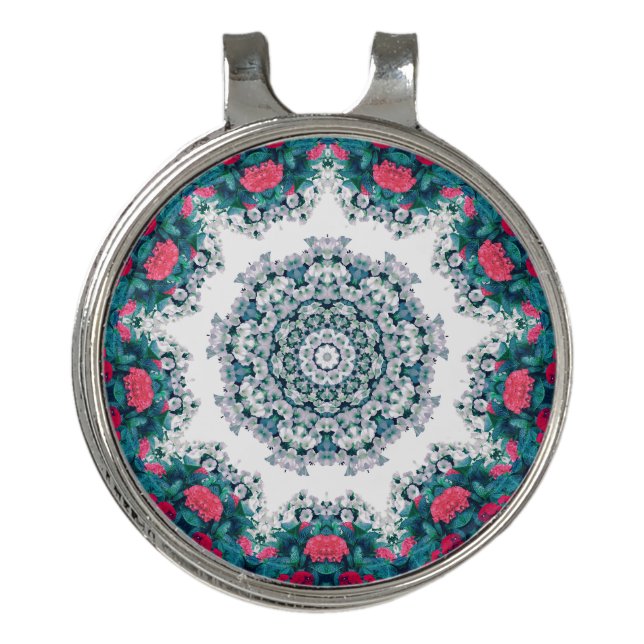 Garden Water Fountain Red Flowers Mandala Design Golf Hat Clip (Front)