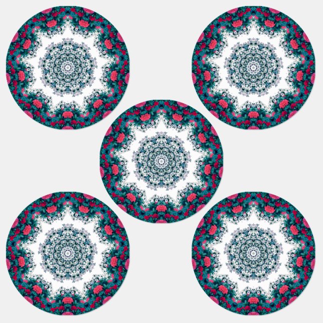 Garden Water Fountain Red Flowers Mandala Design Labels (Group)