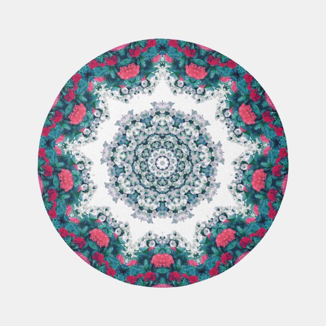 Garden Water Fountain Red Flowers Mandala Design Outdoor Rug (Front)
