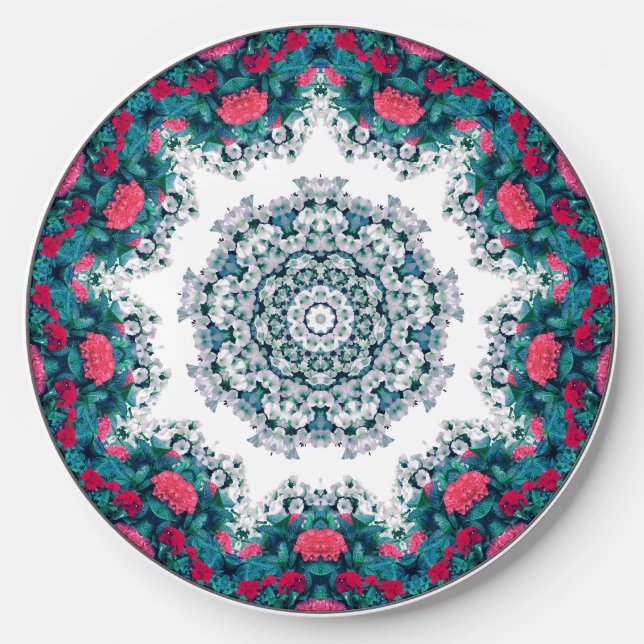 Garden Water Fountain Red Flowers Mandala Design Wireless Charger (Front)