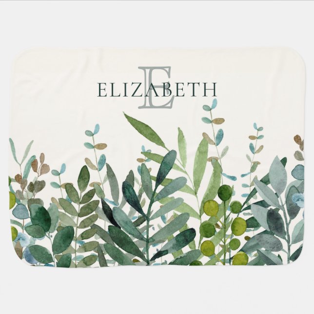 Garden -Watercolor Botanical Leaves Personalized  Baby Blanket (Horizontal)