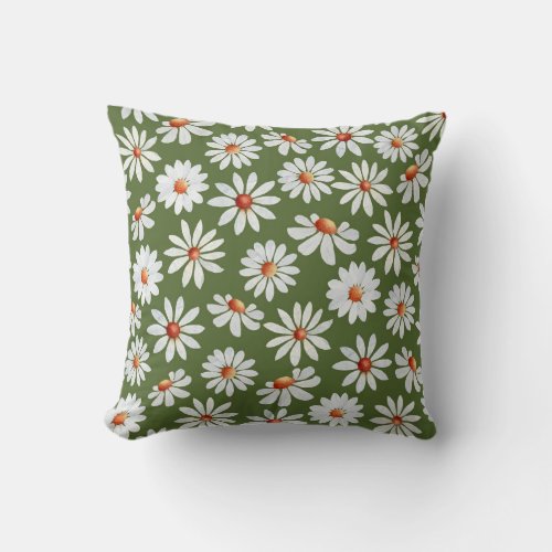 Garden Watercolor Daisy Pattern Warm Green  Throw Pillow