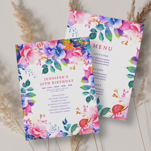 Garden Watercolor Floral 30 Birthday Program Menu 