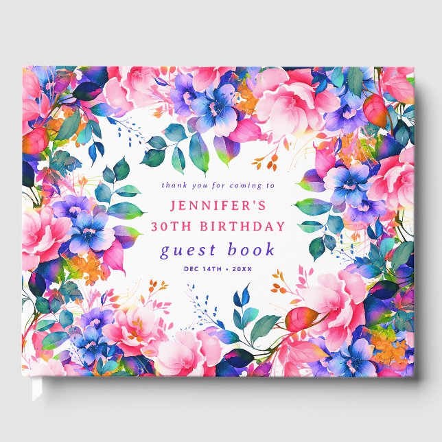 Garden Watercolor Floral 30th Birthday Guest Book (Front)