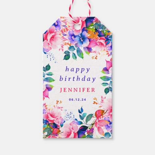 Garden Watercolor Floral Any Age Happy Birthday  Gift Tags