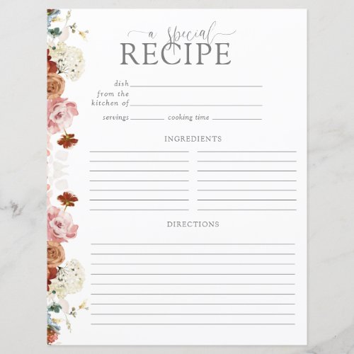 Garden Watercolor Flower Bridal Shower Recipe Page