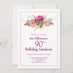 Garden Watercolor Pink Floral 90th Birthday Invitation