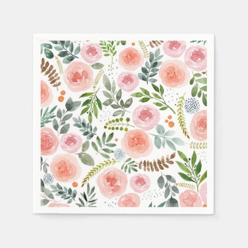 Garden_ Watercolor Rose and Leaf Pattern  Napkins