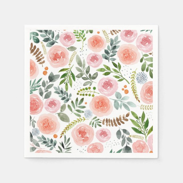 Garden- Watercolor Rose and Leaf Pattern  Napkins (Front)
