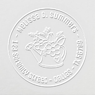 Garden Watering Can Floral Round Address Custom Embosser