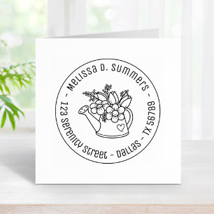 Garden Watering Can Flowers Round Address 3 Rubber Stamp
