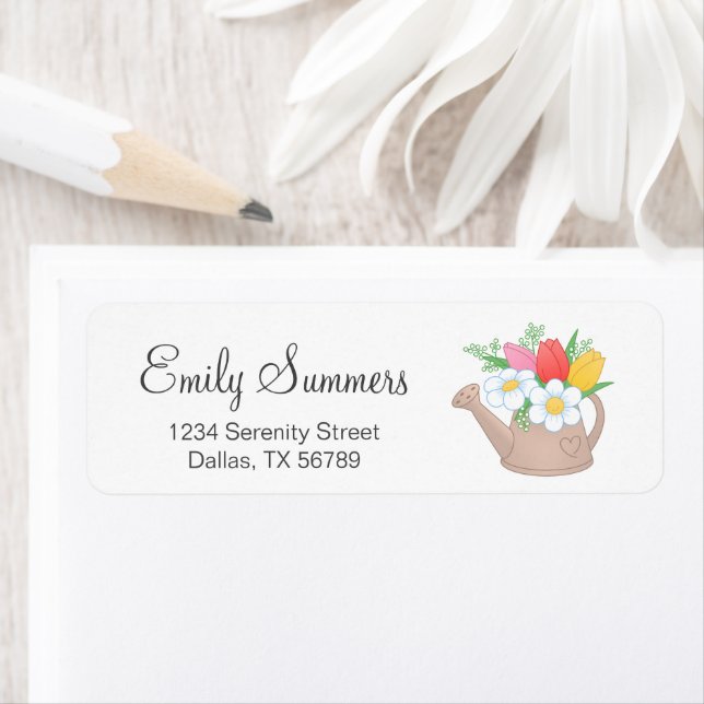 Garden Watering Can with Flowers Address Label (Insitu)