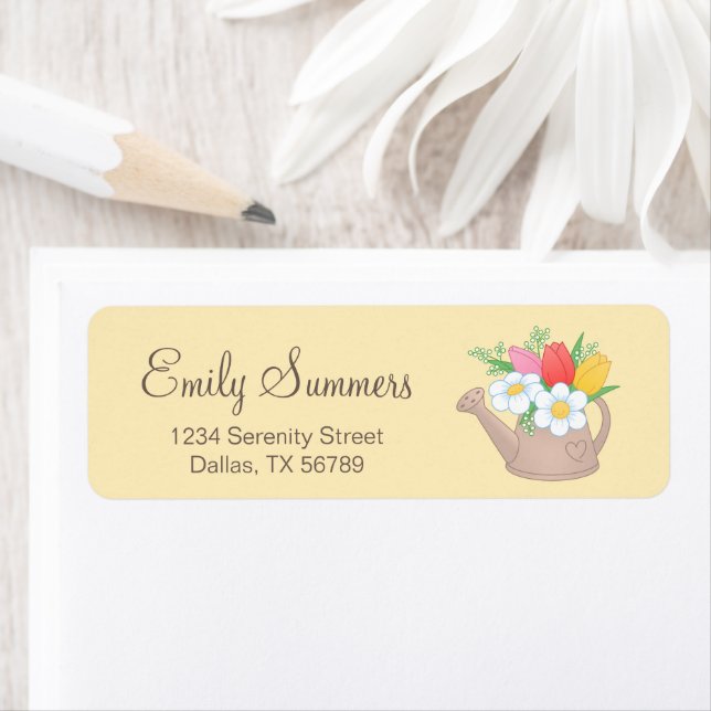 Garden Watering Can with Flowers Address Label (Insitu)