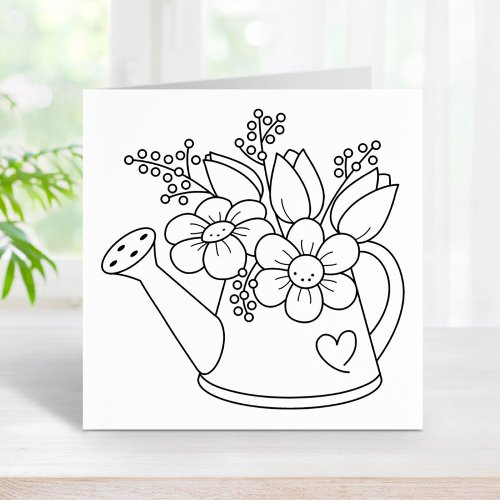 Garden Watering Can with Flowers Coloring Page Rubber Stamp