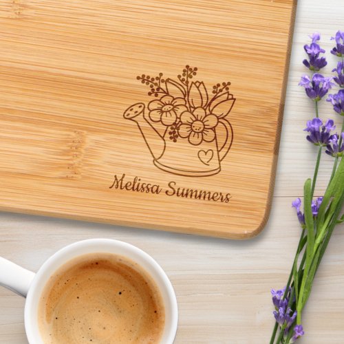 Garden Watering Can with Flowers Custom Name Cutting Board