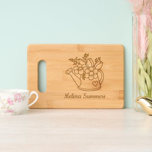Garden Watering Can with Flowers Custom Name Full Cutting Board