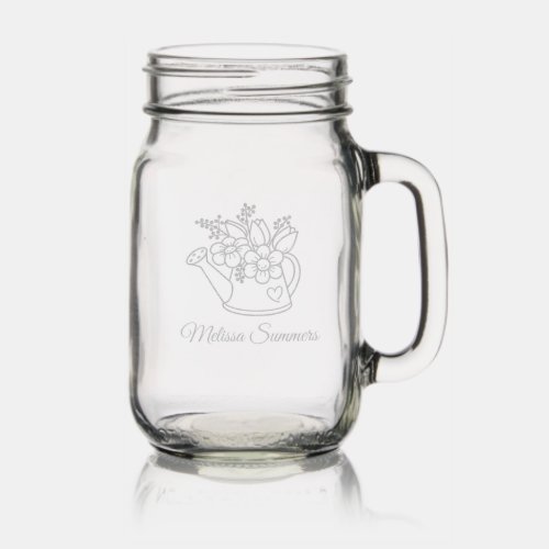 Garden Watering Can with Flowers Custom Name Mason Jar W Handle