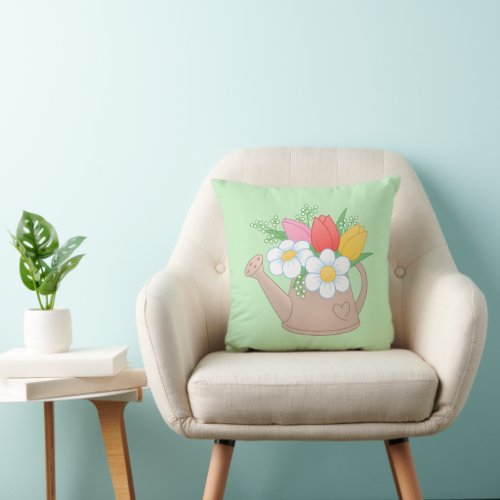 Garden Watering Can with Flowers on Green Throw Pillow