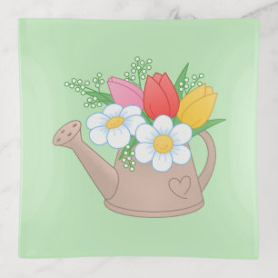 Garden Watering Can with Flowers on Green Trinket Tray