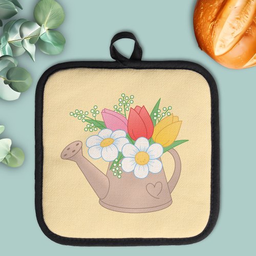 Garden Watering Can with Flowers on Yellow Pot Holder