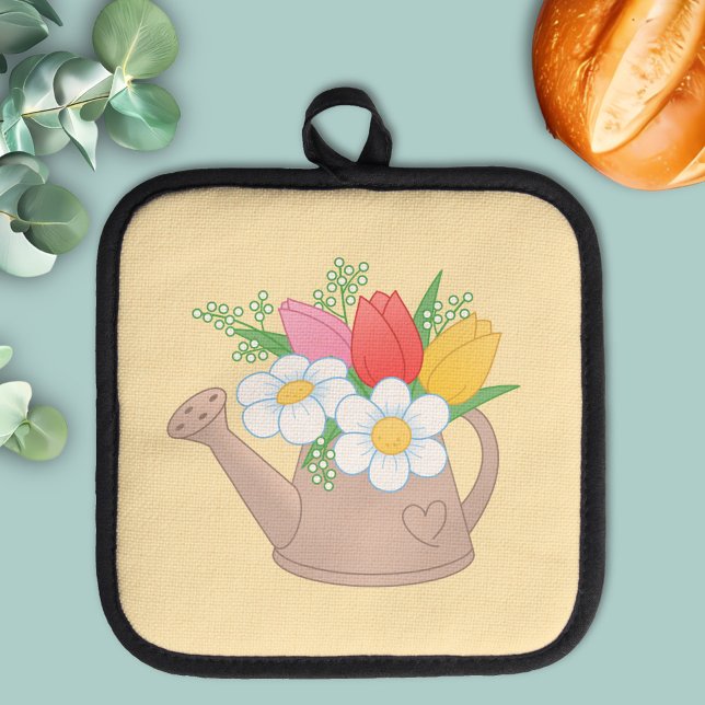 Garden Watering Can with Flowers on Yellow Pot Holder (Creator Uploaded)