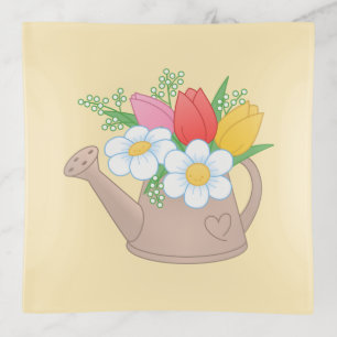 Garden Watering Can with Flowers on Yellow Trinket Tray