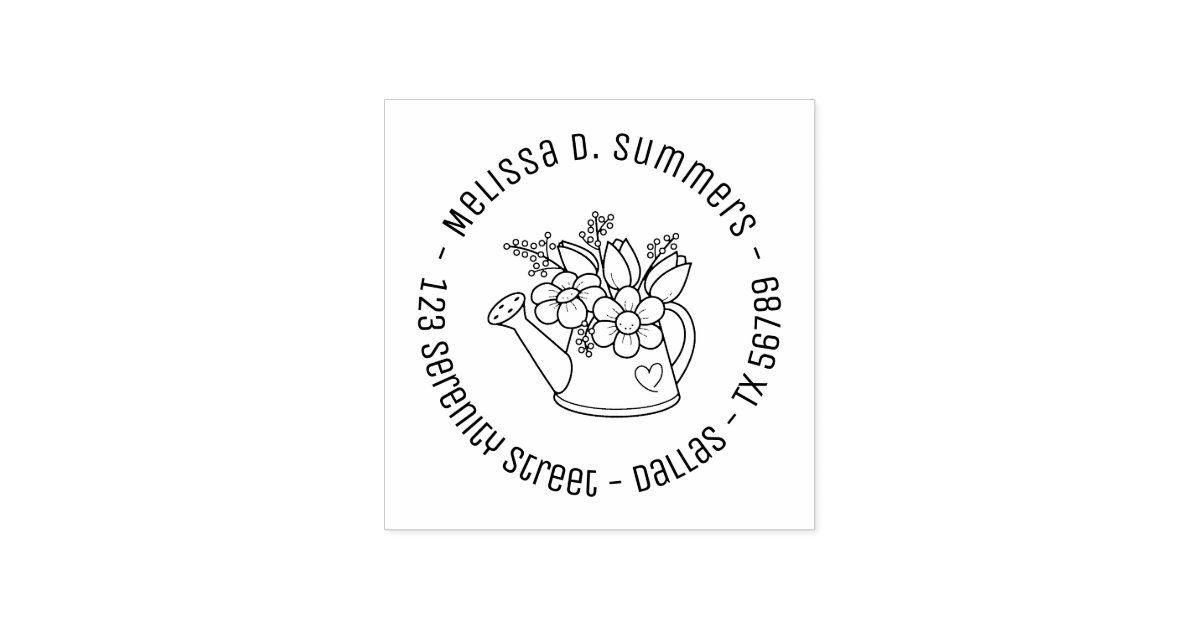 Garden Watering Can with Flowers Round Address Rubber Stamp Zazzle