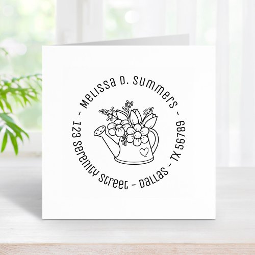 Garden Watering Can with Flowers Round Address Rubber Stamp