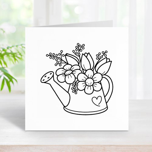 Garden Watering Can with Flowers Rubber Stamp