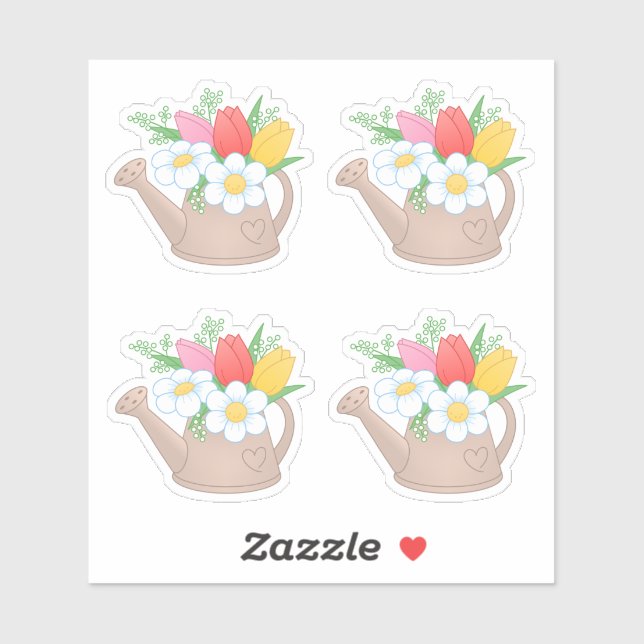 Garden Watering Can with Flowers, Set of 4 Sticker (Sheet)
