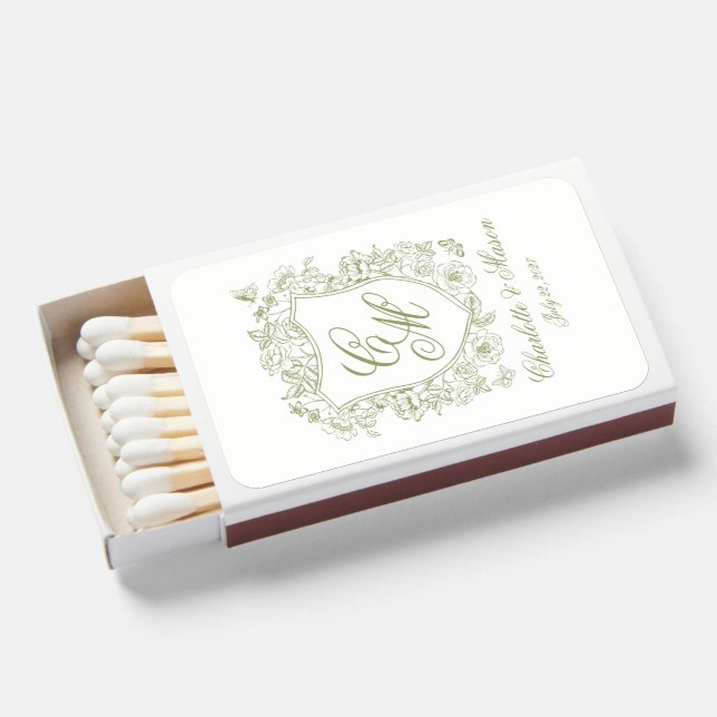 Garden Wedding Sage Green Monogram Crest Matchbox Matchboxes (Front Open)