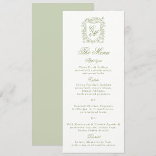Garden Wedding Sage Green Monogram Crest Menu Card