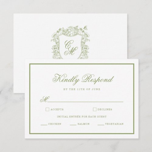 Garden Wedding Sage Green Monogram Crest RSVP Card
