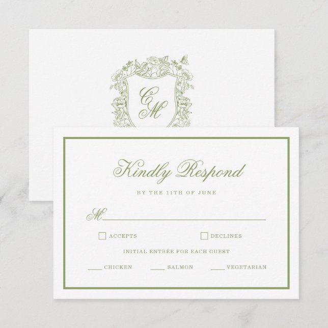 Garden Wedding Sage Green Monogram Crest RSVP Card (Front/Back)