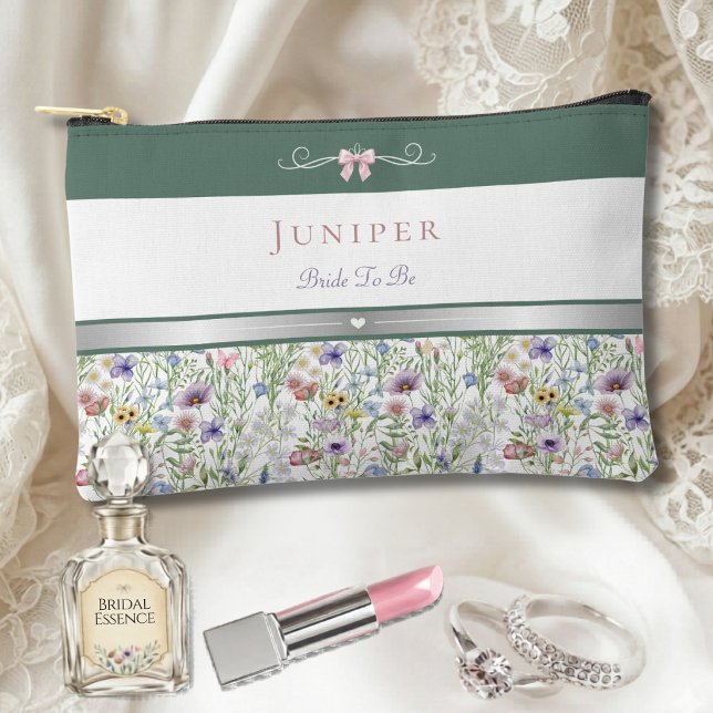 Garden Wedding Wildflower Bride To Be Accessory Pouch (Custom Wildflower Bride makeup bag. A botanical heirloom for your wedding day essentials.)