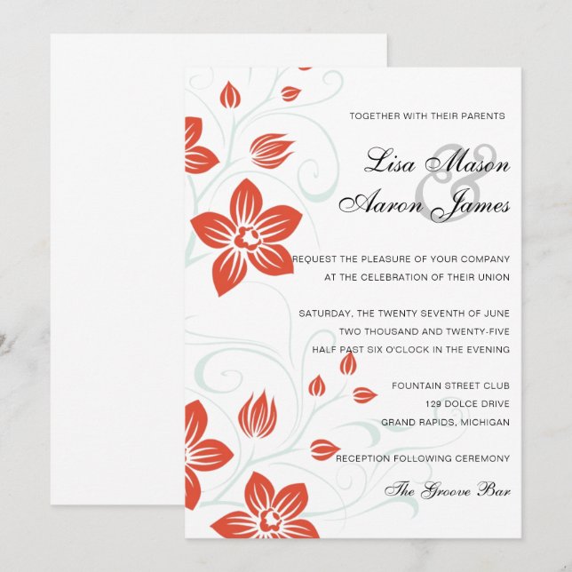 Garden Weddings Orange and Blue Floral Wedding Invitation (Front/Back)
