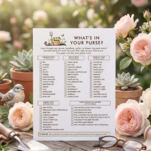 Garden Whats in Purse Game Card Baby Shower