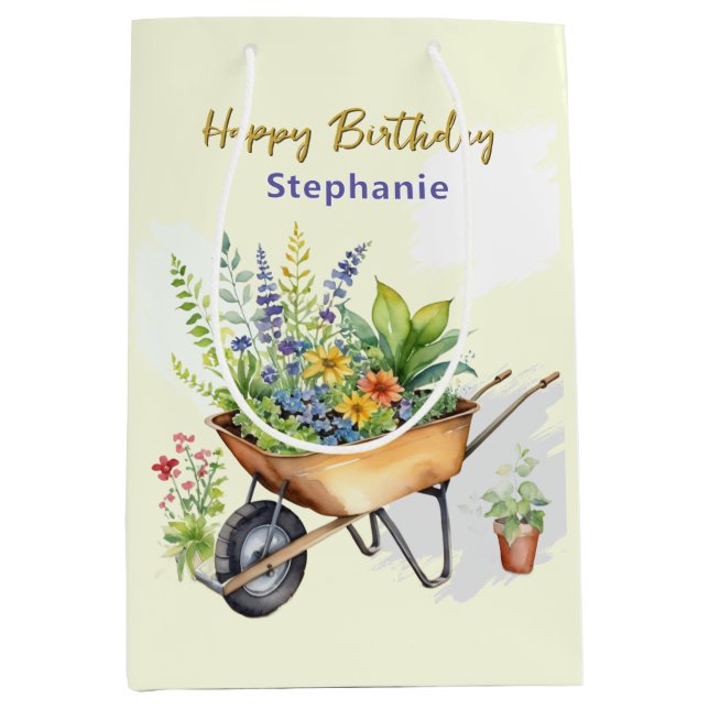 Garden Wheelbarrow Happy Birthday Personalized Medium Gift Bag (Front)