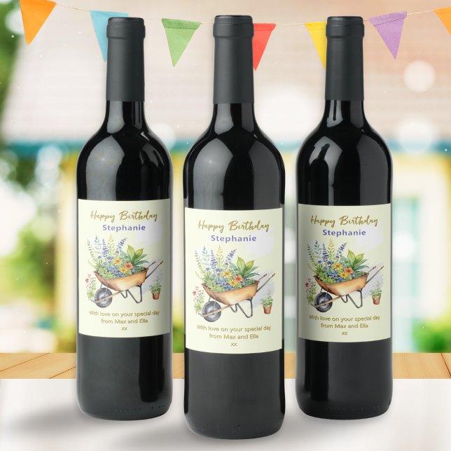 Garden Wheelbarrow Happy Birthday Personalized Wine Label (Personalized wine bottle labels for garden lovers, with wheelbarrow of flowers in a watercolor style)