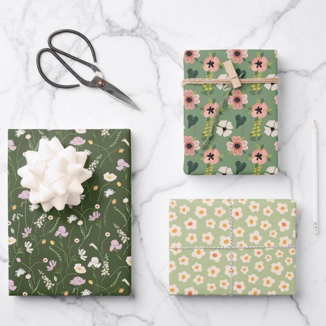 Garden Whimsy Green 3 Wrapping Paper Sheets (Front)