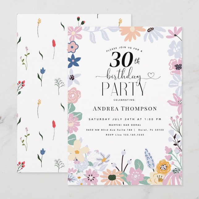Garden Wildflower 30th birthday invitations (Front/Back)
