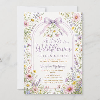 Garden Wildflower Border Purple Girl 1st Birthday Invitation