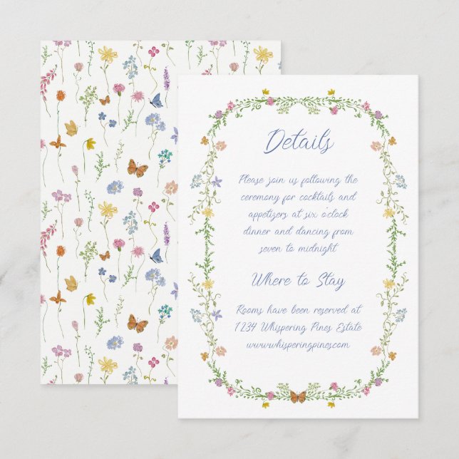 Garden Wildflower Butterfly Wedding Details Enclosure Card (Front/Back)