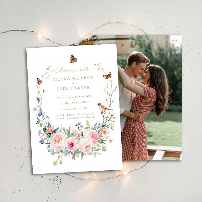 Garden Wildflowers Chic Photo Wedding Save Date Invitation (garden wedding save the date photo wildflowers roses enchanted woodland forest butterflies fairytale)
