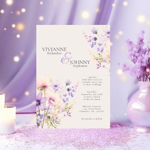 Garden Wildflowers Lavender Beige Wedding Invitation