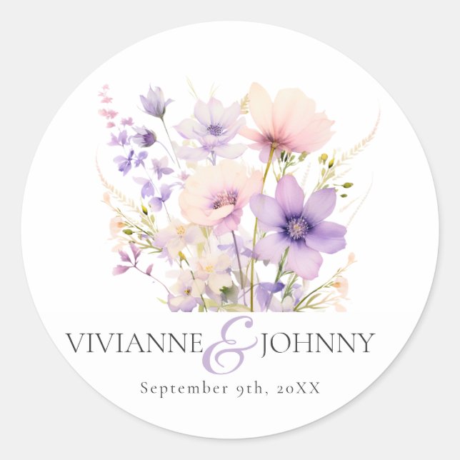 Garden Wildflowers Purple Lavender Purple Wedding Classic Round Sticker (Front)