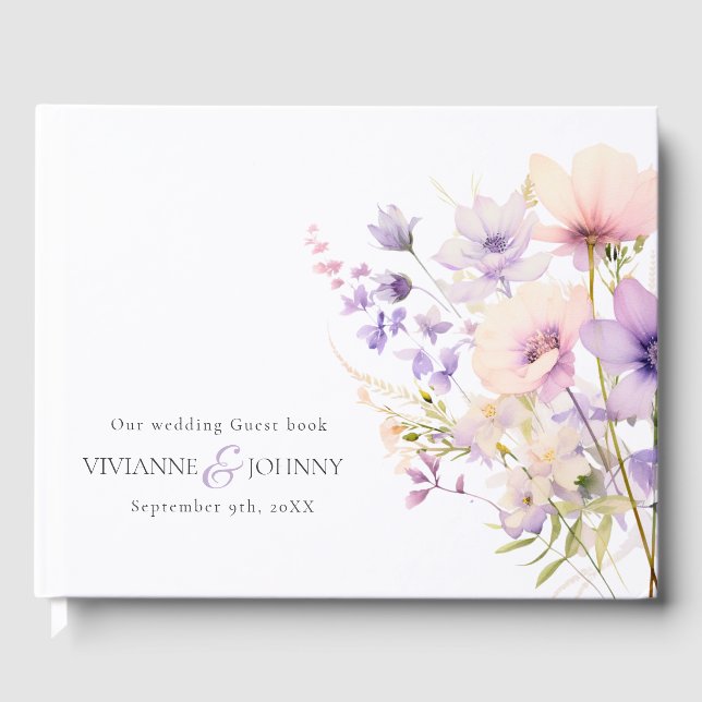 Garden Wildflowers Purple Lavender Purple Wedding Guest Book (Front)