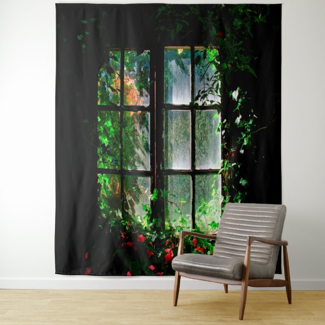 Garden window black green red floral greenery tapestry (In Situ)