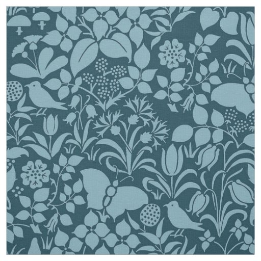 Garden with Birds and Butterflies, Peacock Blue Fabric
